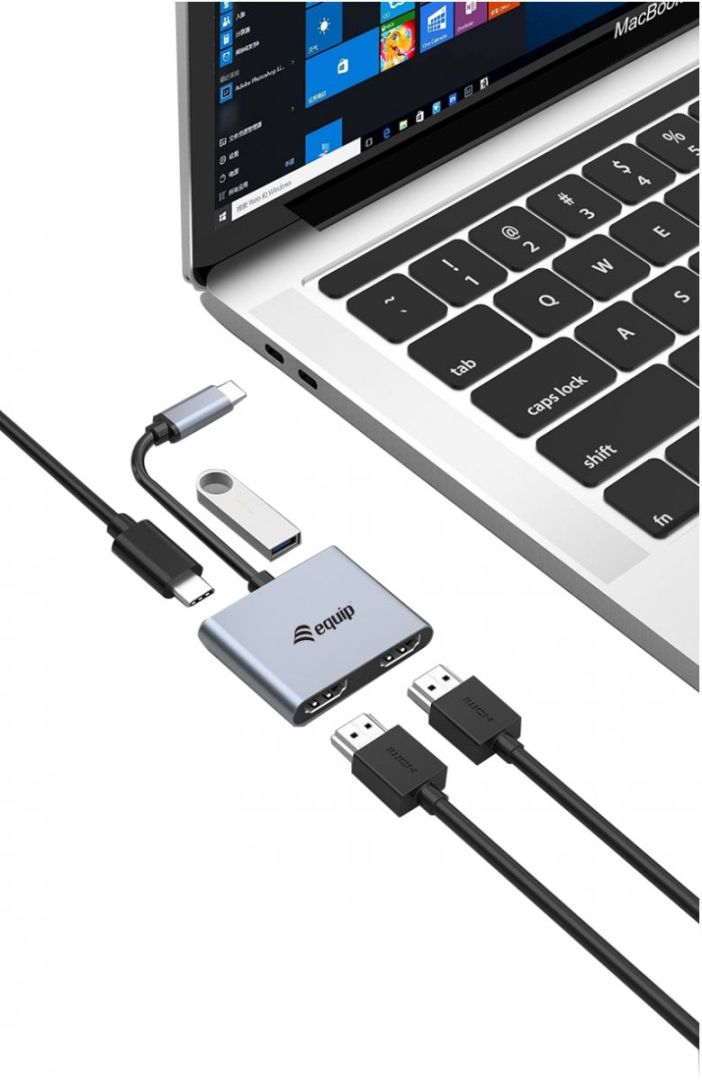 EQuip USB-C 4 in 1 Dual HDMI Adapter, USB 3.0, 100W USB PD Grey