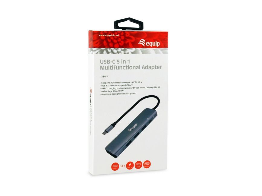 EQuip USB-C 5 in 1 Multifunctional Adapter, HDMI, USB 3.2 GEN1, 100W USB PD Grey