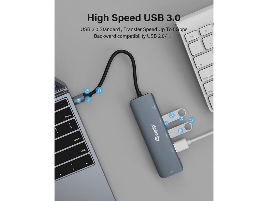 EQuip USB-C 5 in 1 Multifunctional Adapter, HDMI, USB 3.2 GEN1, 100W USB PD Grey