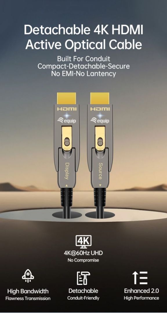 EQuip HDMI 2.0 Detachable Type D + A Active Optical Cable 4K/60Hz 20m Grey