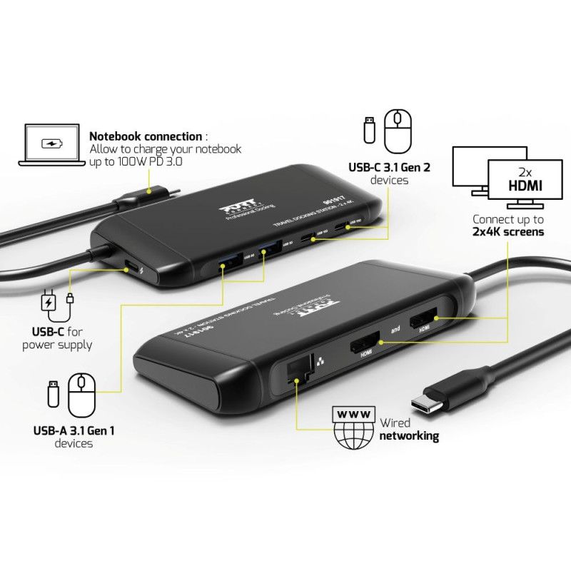 Port Designs 7in1 Mobile Docking Station 2x4K USB-C 100W Black