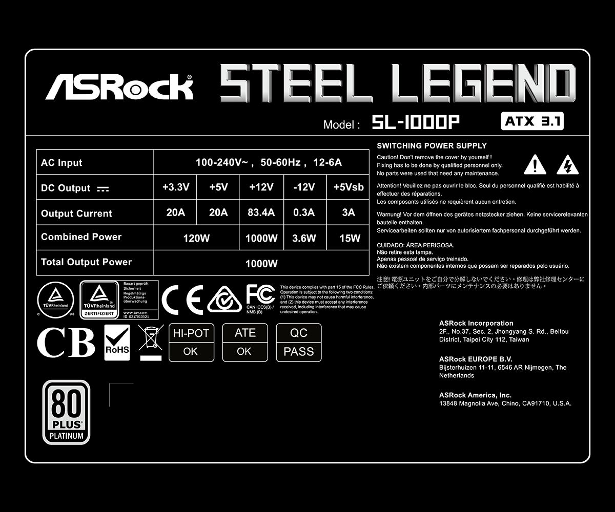 ASRock 1000W 80+ Platinum Steel Legend SL-1000P
