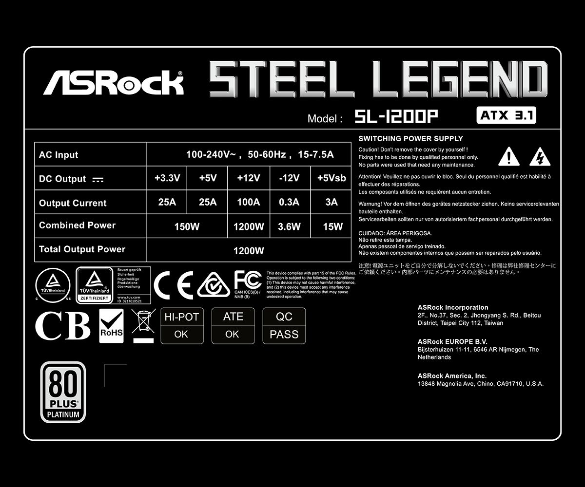 ASRock 1200W 80+ Platinum Steel Legend SL-1200P