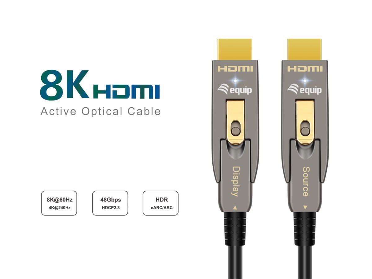 EQuip HDMI 2.1 Detachable Type D + A Active Optical Cable 8K/60Hz 10m Grey