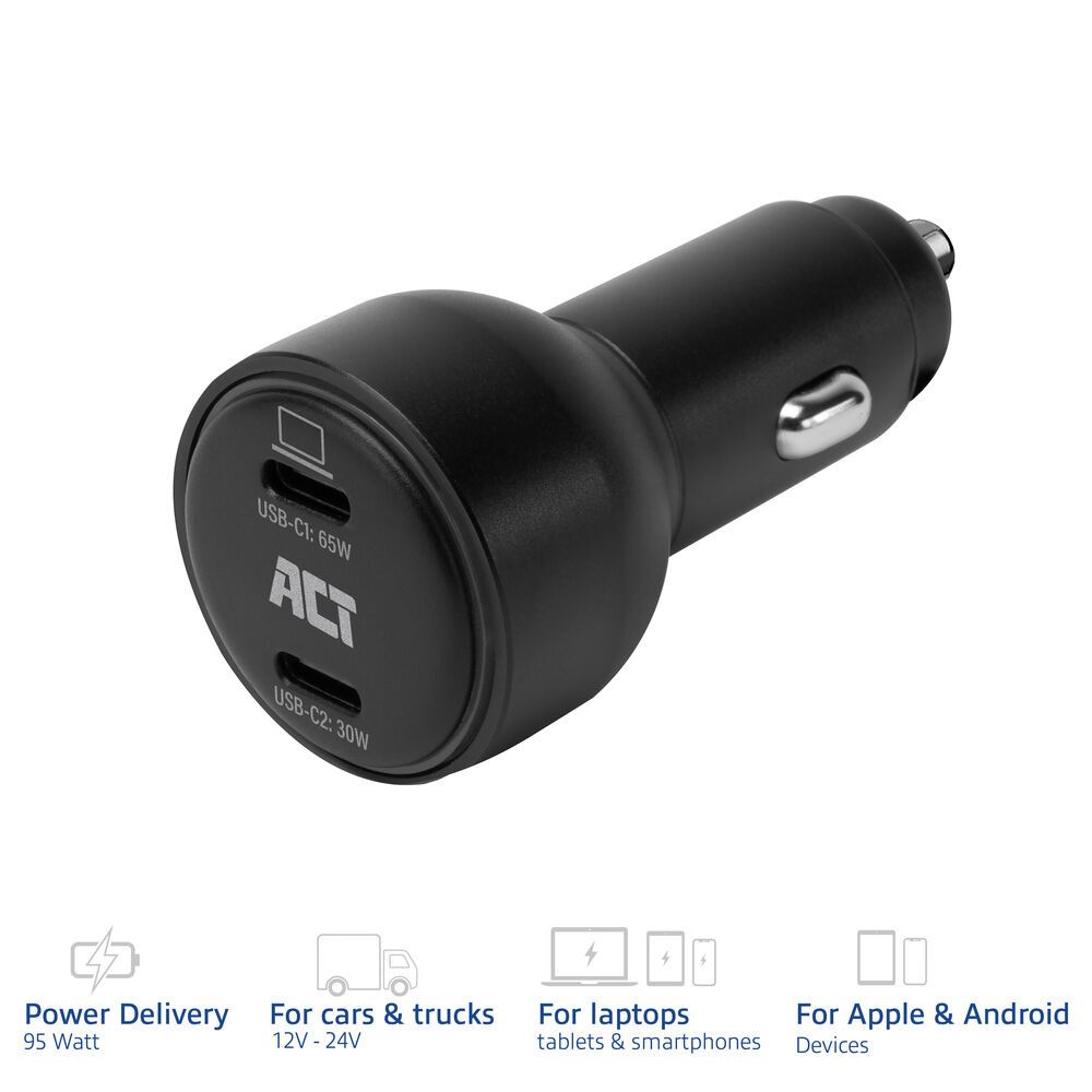 ACT 2-port USB-C Fast Car Charger 95W with PD, QC and GaNFast Black