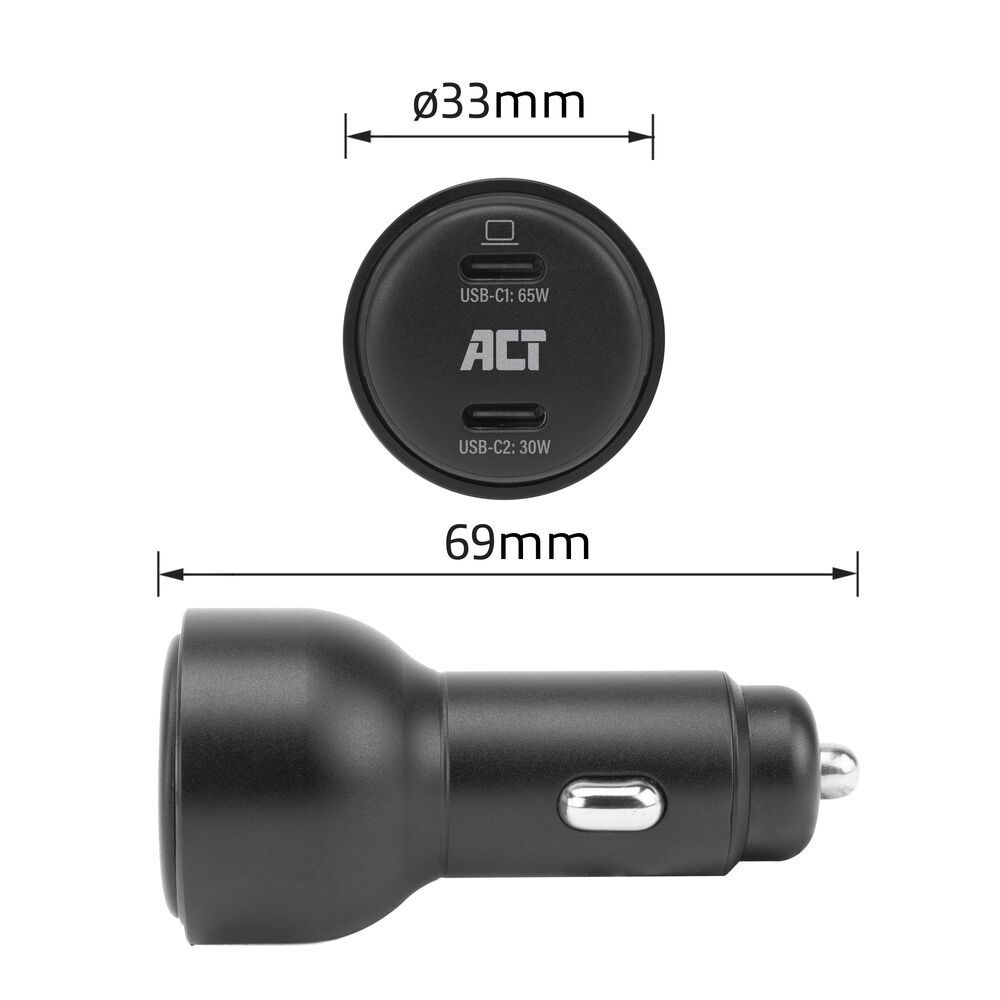 ACT 2-port USB-C Fast Car Charger 95W with PD, QC and GaNFast Black