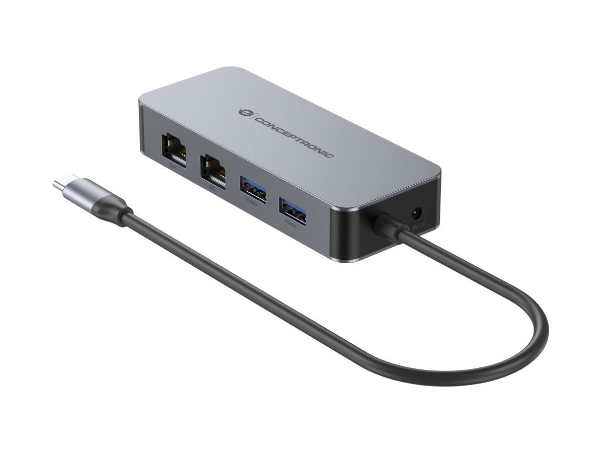 Conceptronic  ABBY24G USB-C to Dual-Port Gigabit Network Adapter with 2-Port USB Hub
