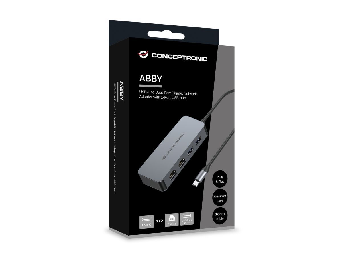 Conceptronic  ABBY24G USB-C to Dual-Port Gigabit Network Adapter with 2-Port USB Hub