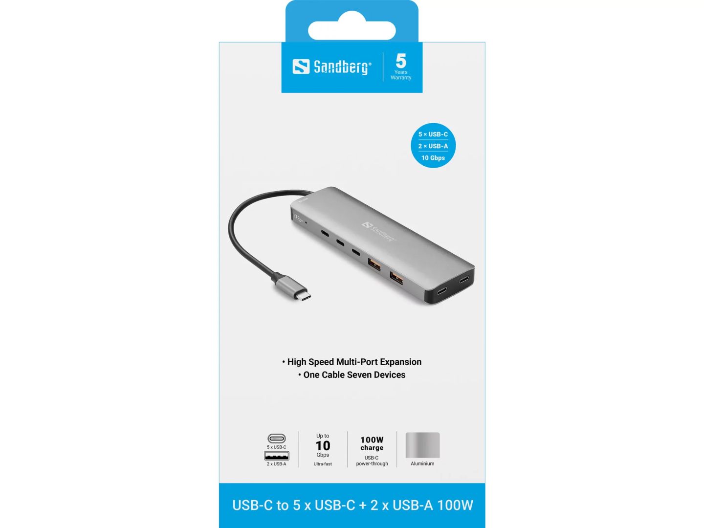 Sandberg USB-C to 5xUSB-C+2xUSB-A 100W Grey