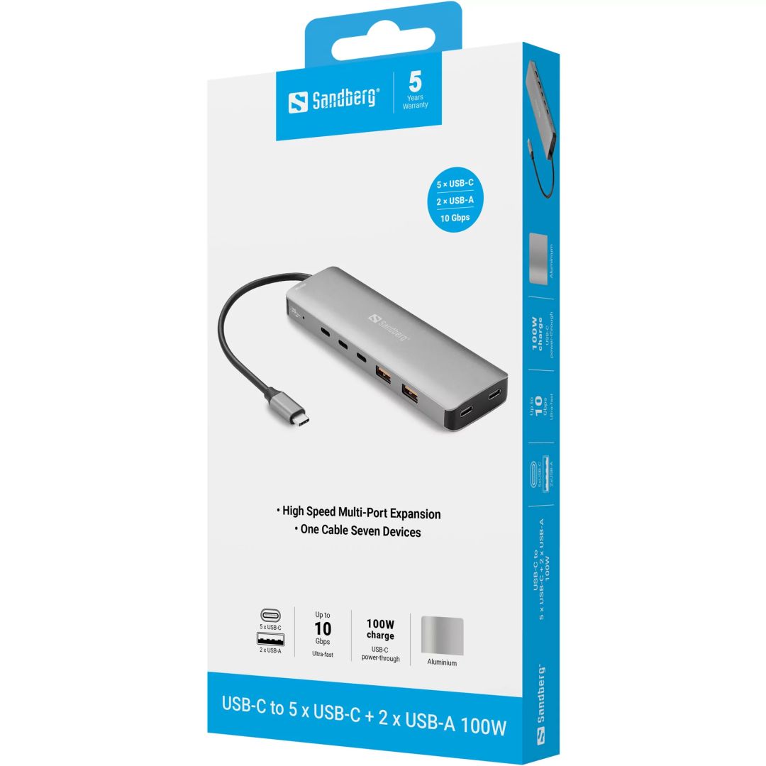 Sandberg USB-C to 5xUSB-C+2xUSB-A 100W Grey