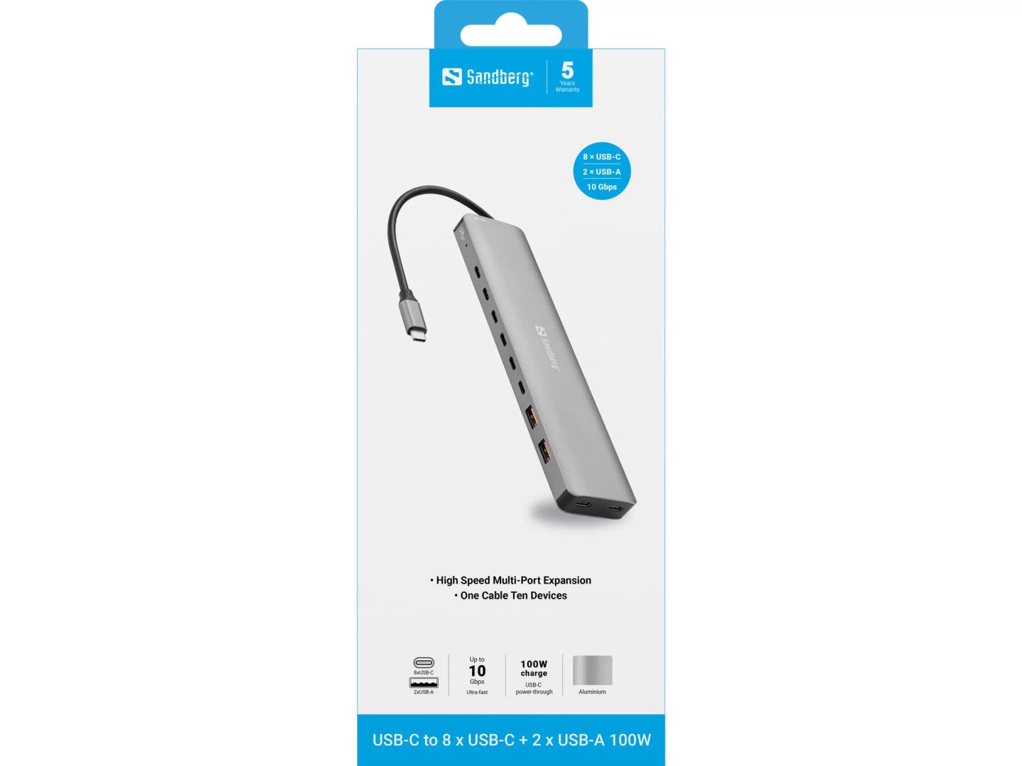 Sandberg USB-C to 8xUSB-C+2xUSB-A 100W Grey