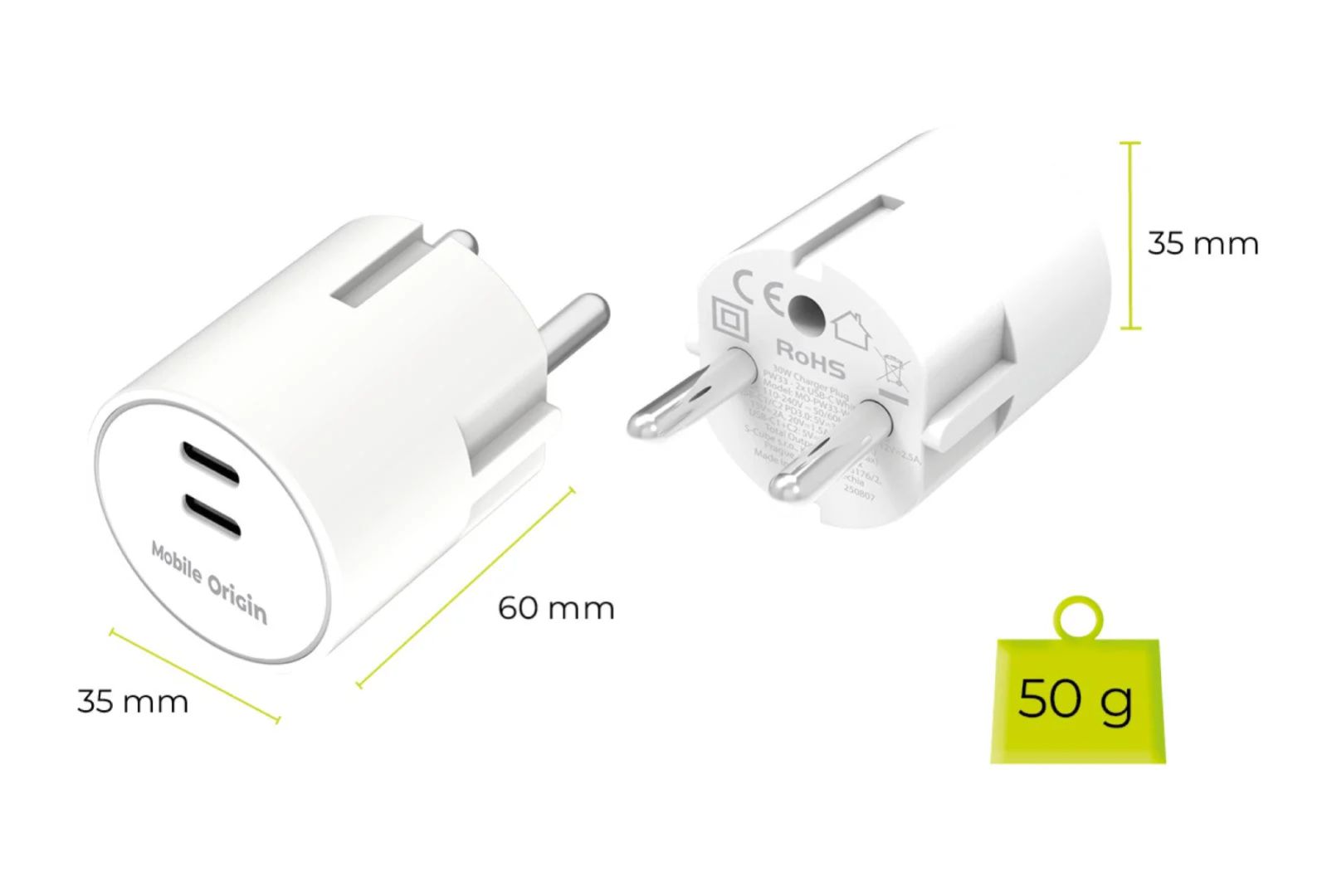 Mobile Origin 30W Charger Plug PW33 2x USB-C White