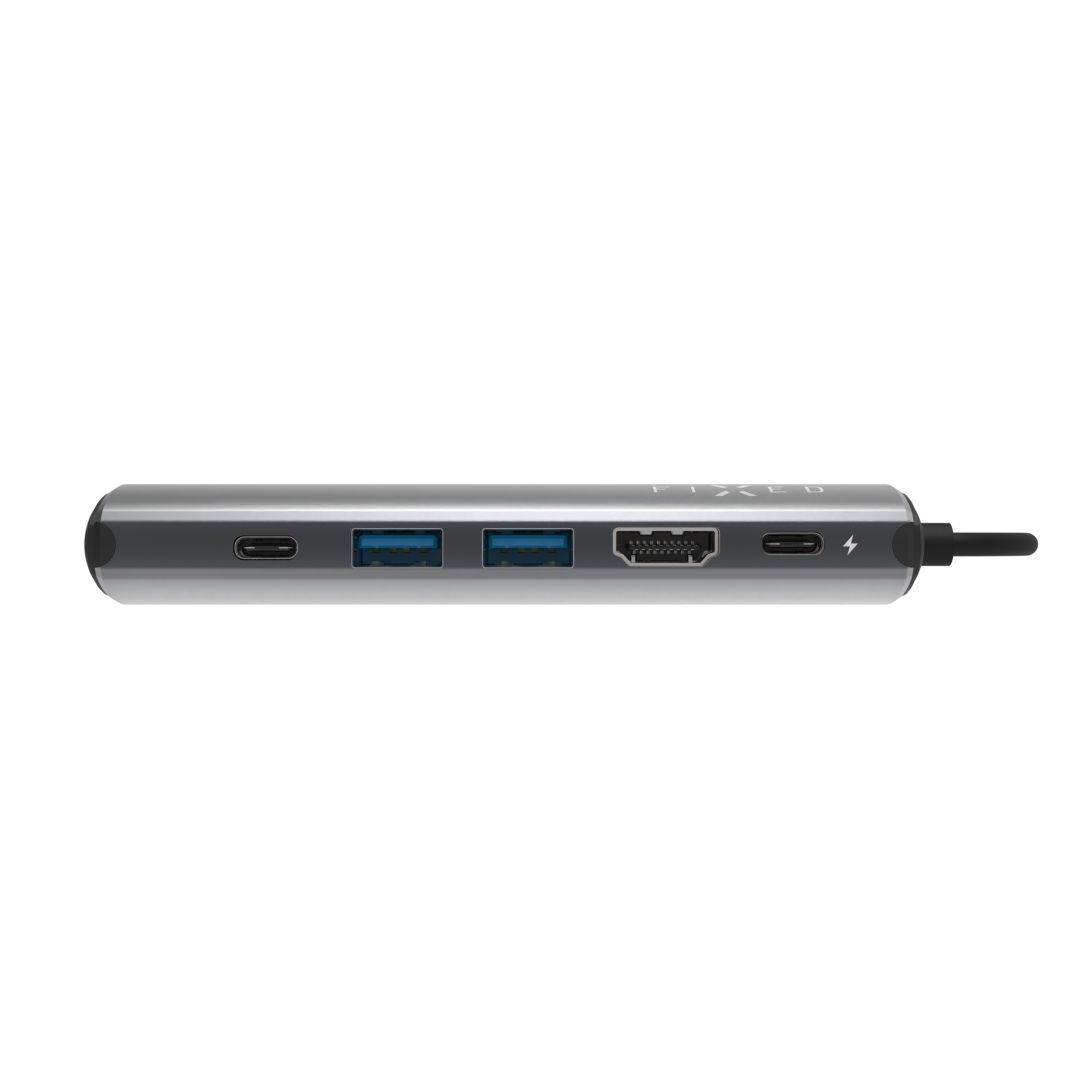 FIXED USB Type-C adapter, 2*USB-A, 1*-USB-C, 1*USB-C PD 100W, 1*RJ45 Gigabit, 1*HDMI 1.4  4k @ 60Hz, aluminium ház