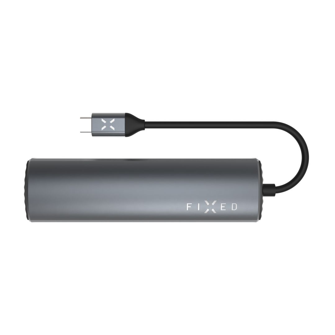 FIXED USB Type-C adapter, 2*USB-A, 1*-USB-C, 1*USB-C PD 100W, 1*RJ45 Gigabit, 1*HDMI 1.4  4k @ 60Hz, aluminium ház