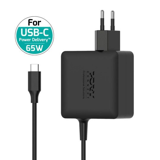 Port Designs 65W GaN USB-C mains power supply with fixed cable Black