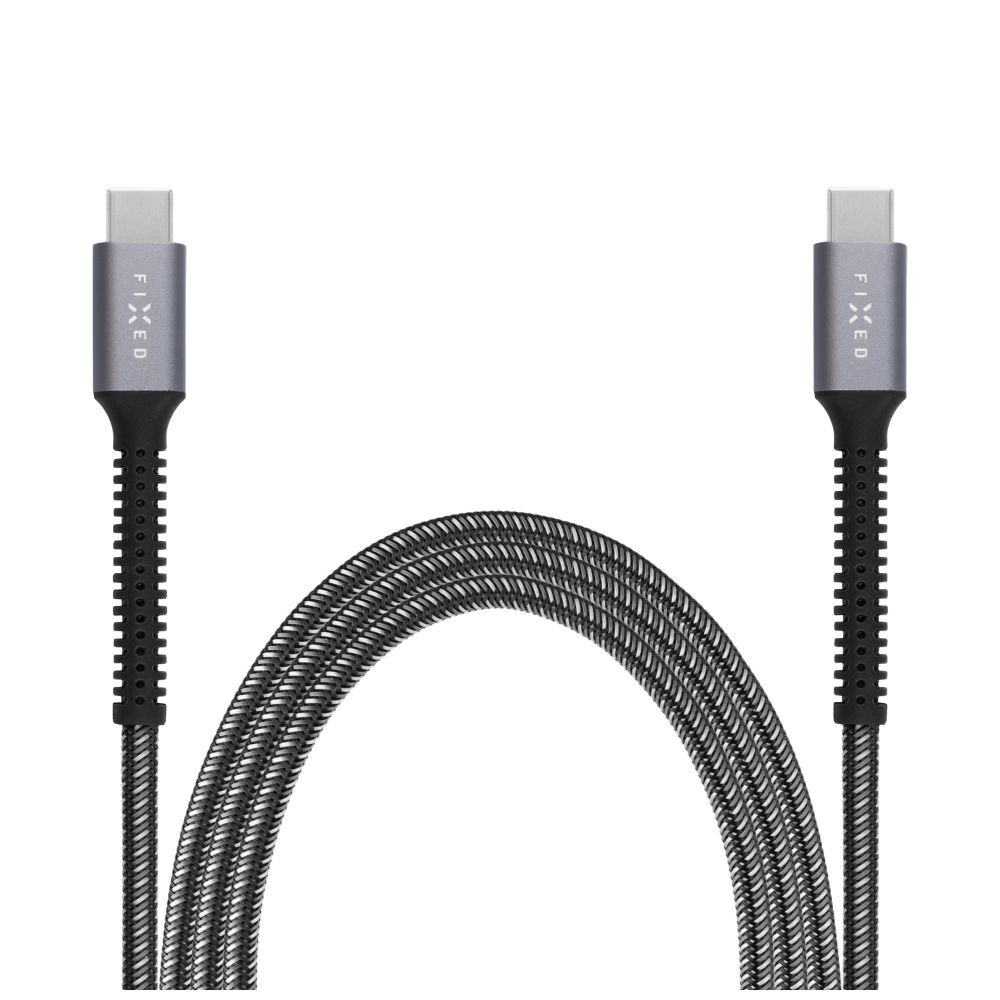FIXED Armor (FIXDA-CC12-GR)  USB-C/USB-C adat és töltőkábel, 1.2 m, 240W, fonott nejlon borítás, törésgátló, szürke