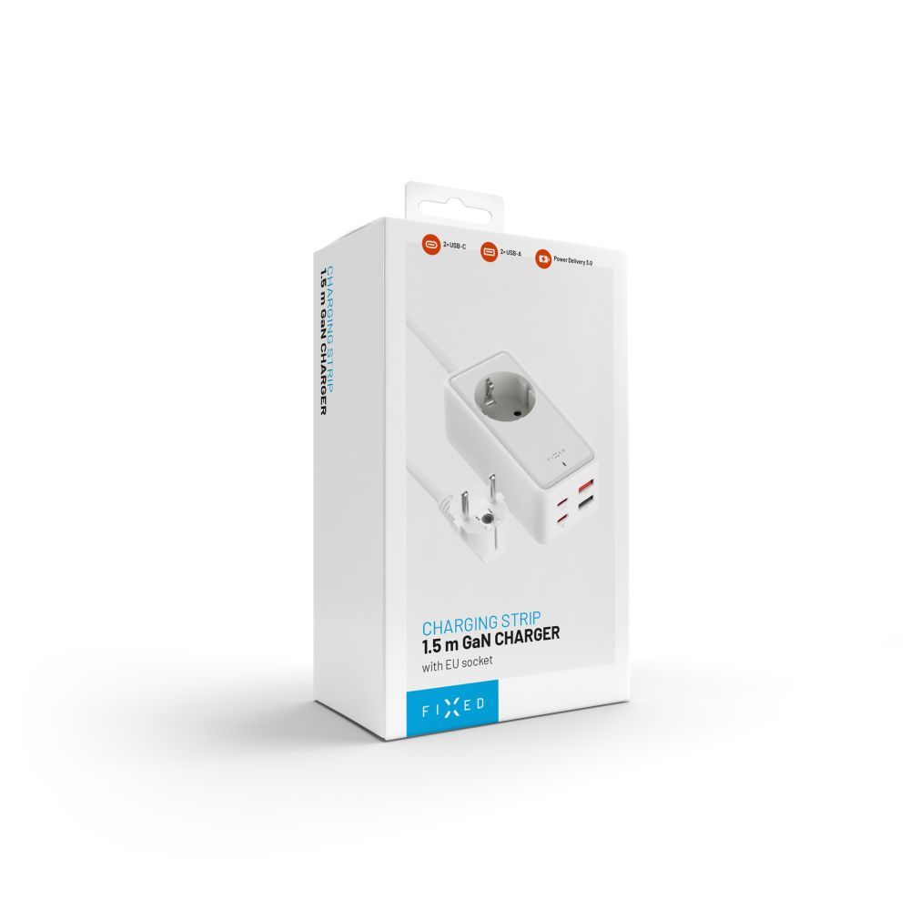 FIXED hálózati USB töltő, GaN III technológia, kimenetetk: 2 * USB-A QC3.0, 2 * USB-C PD3.0 65W , 1*220V, 1.5m kábel, fehér