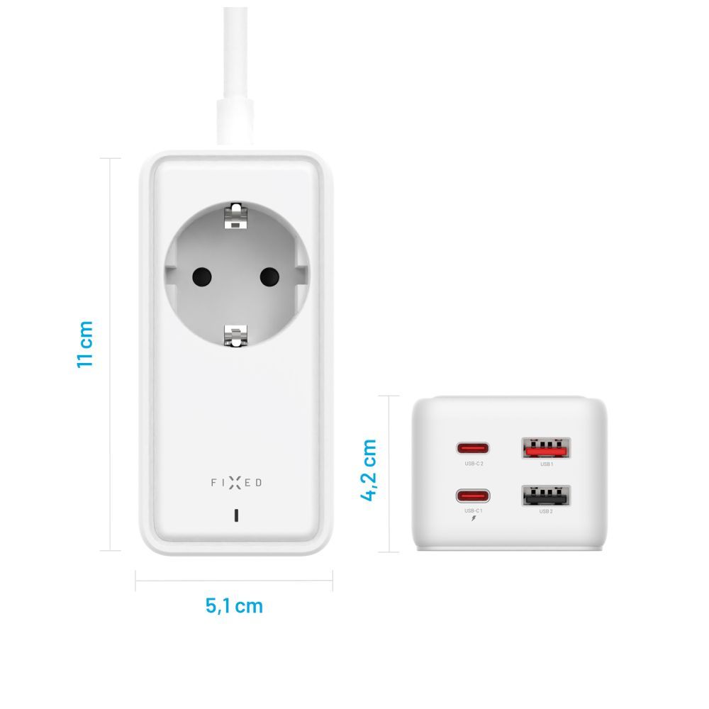 FIXED hálózati USB töltő, GaN III technológia, kimenetetk: 2 * USB-A QC3.0, 2 * USB-C PD3.0 65W , 1*220V, 1.5m kábel, fehér