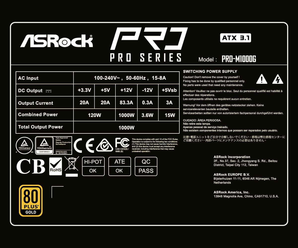 ASRock 1000W 80+ Gold Pro Series PRO-M1000G