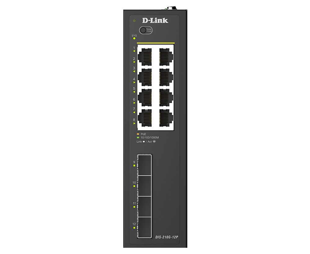 D-Link DIS-210G-12P 12-Port Industrial Gigabit Smart Managed PoE+ Switch with 4 SFP