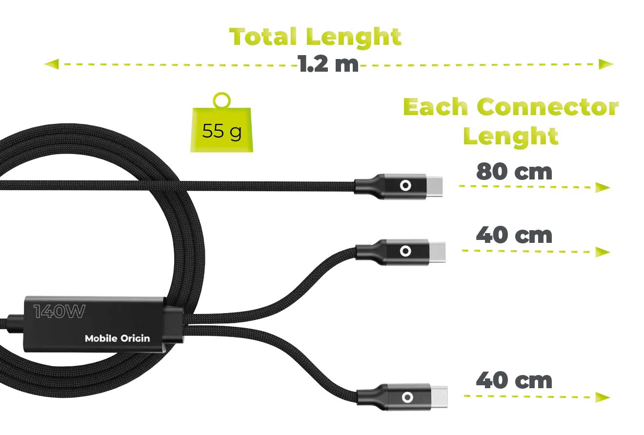 Mobile Origin 140W Dual Charge USB-C Cable 1,2m Black