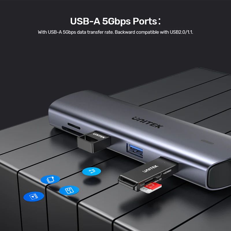 Unitek 9-in-1 USB-C Hub with Dual Display Dual Card Reader and 100W PD Space Grey