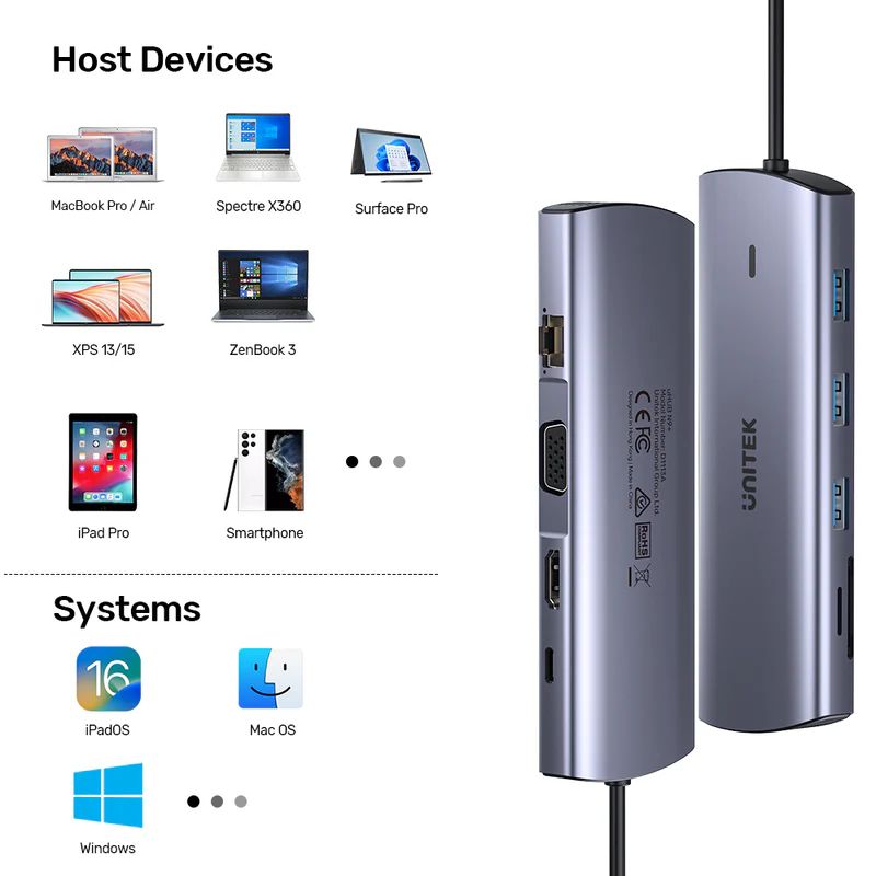 Unitek 9-in-1 USB-C Hub with Dual Display Dual Card Reader and 100W PD Space Grey