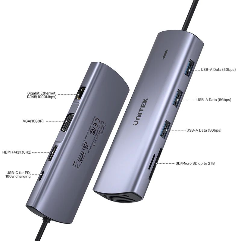 Unitek 9-in-1 USB-C Hub with Dual Display Dual Card Reader and 100W PD Space Grey