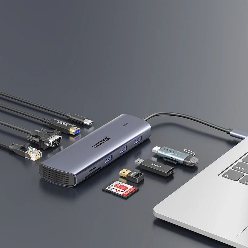 Unitek 9-in-1 USB-C Hub with Dual Display Dual Card Reader and 100W PD Space Grey