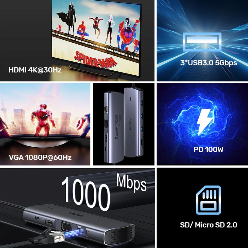 Unitek 9-in-1 USB-C Hub with Dual Display Dual Card Reader and 100W PD Space Grey