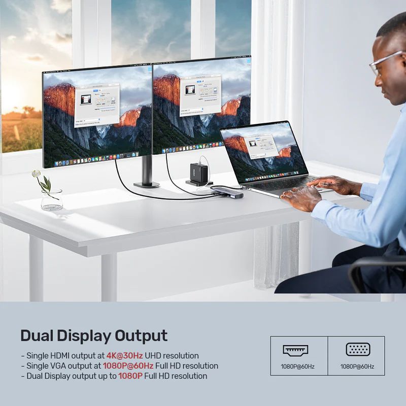 Unitek 9-in-1 USB-C Hub with Dual Display Dual Card Reader and 100W PD Space Grey