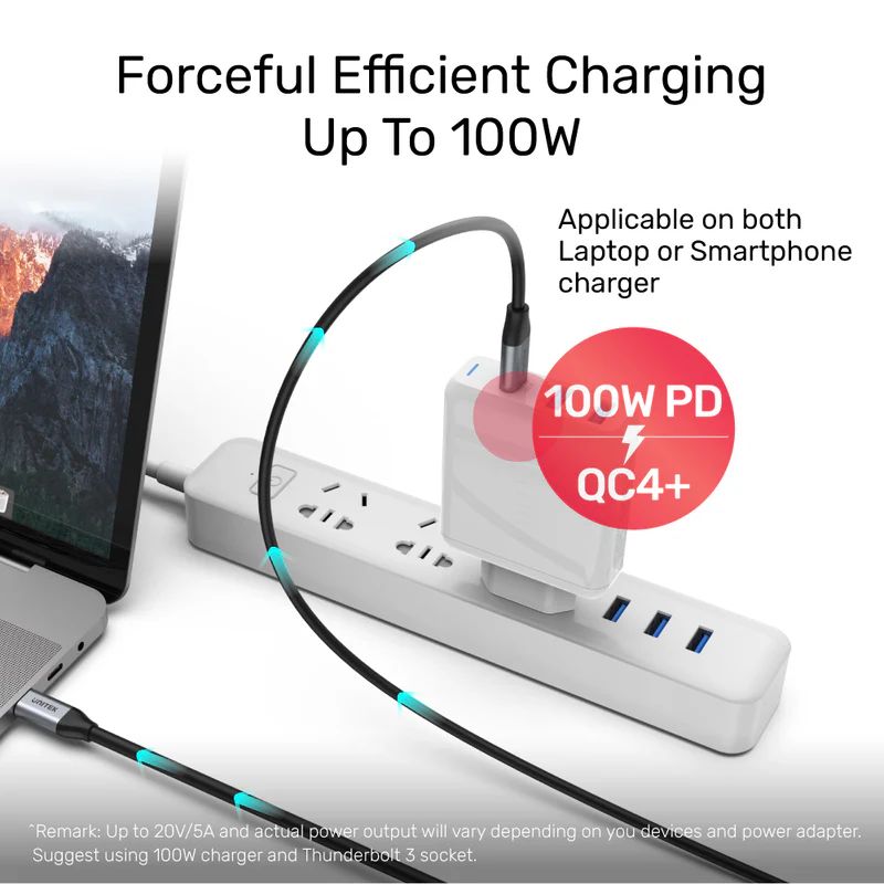 Unitek Full-Featured USB-C 100W PD Fast Charging Cable with 4K@60Hz and 10Gbps Data (USB 3.2 Gen2) 1m Black