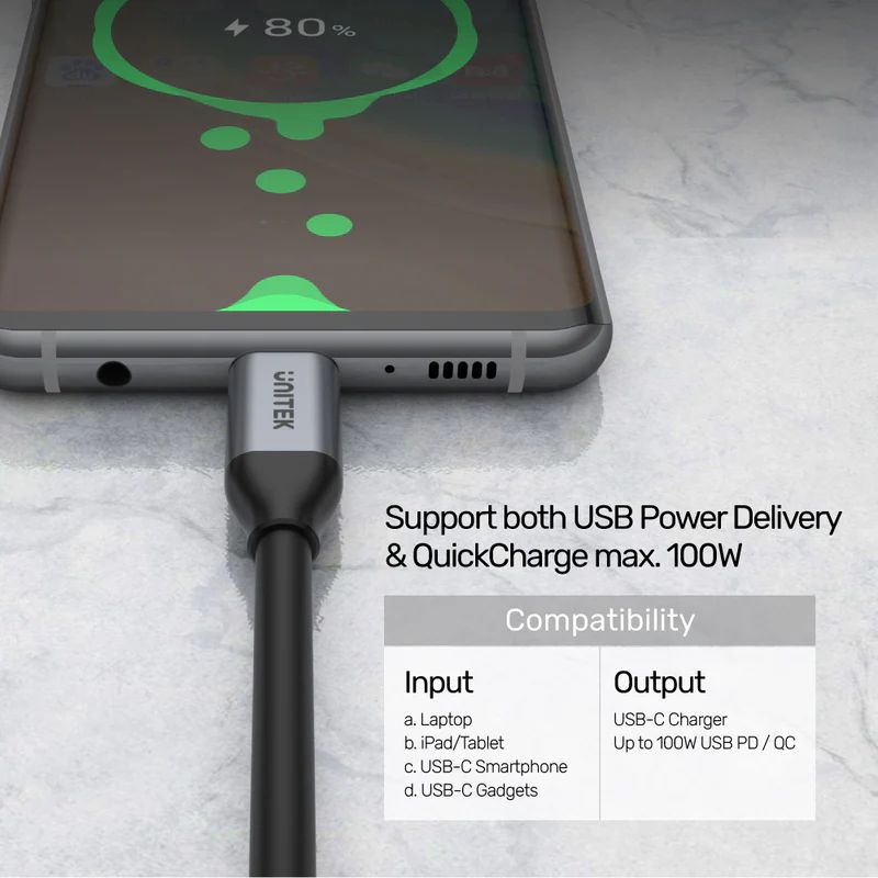 Unitek Full-Featured USB-C 100W PD Fast Charging Cable with 4K@60Hz and 10Gbps Data (USB 3.2 Gen2) 1m Black