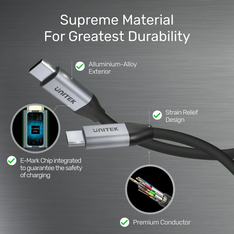 Unitek Full-Featured USB-C 100W PD Fast Charging Cable with 4K@60Hz and 10Gbps Data (USB 3.2 Gen2) 1m Black