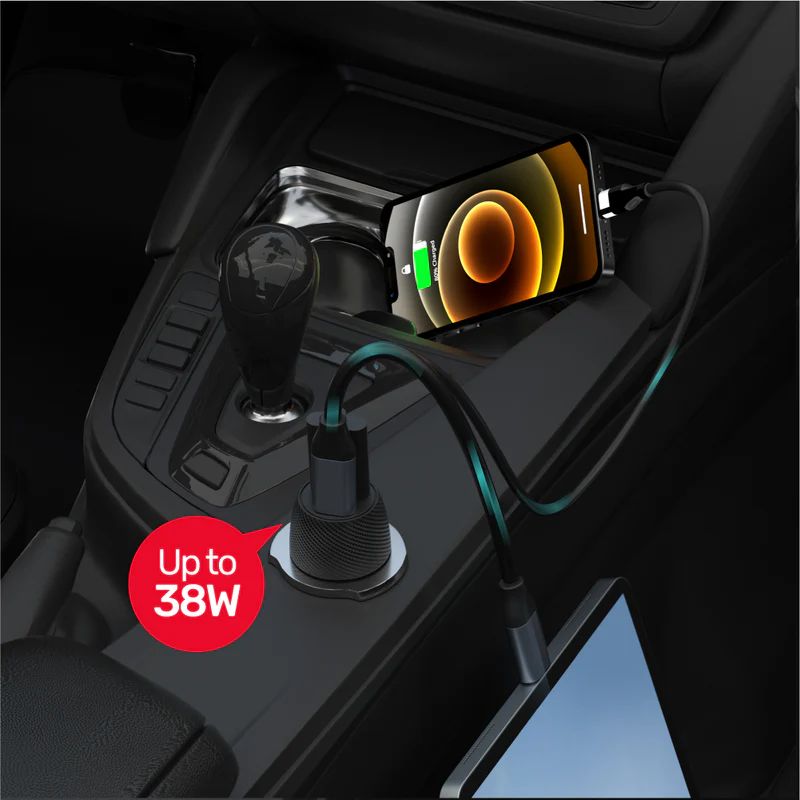 Unitek Powertrain Duo 38W Two Ports Car Charger with PD and QC Black