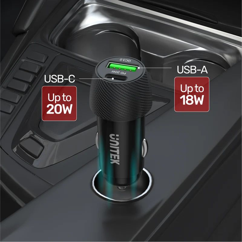 Unitek Powertrain Duo 38W Two Ports Car Charger with PD and QC Black