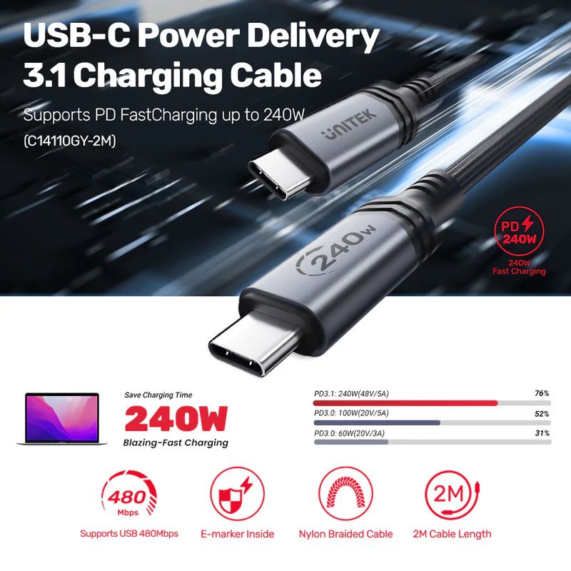 Unitek USB-C 240W Power Delivery 3.1 Charging Cable 2m Black