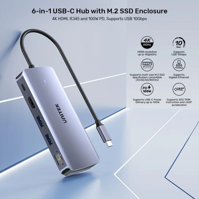 Unitek 6-in-1 USB-C Hub with M.2 SSD Enclosure Space Grey