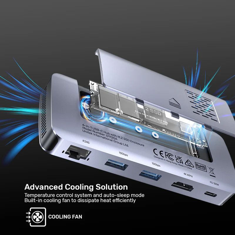 Unitek 6-in-1 USB-C Hub with M.2 SSD Enclosure Space Grey