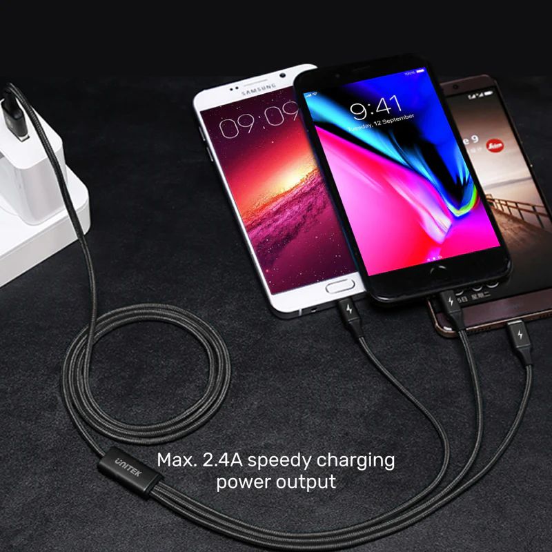 Unitek 3-in-1 USB-A to USB-C / Micro USB / Lightning Multi Charging Cable 1,2m Black