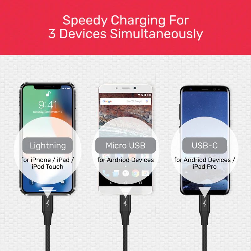 Unitek 3-in-1 USB-A to USB-C / Micro USB / Lightning Multi Charging Cable 1,2m Black