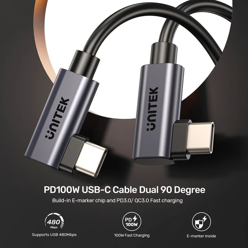 Unitek PD 100W USB-C Cable Dual 90 Degree 0,5m Black