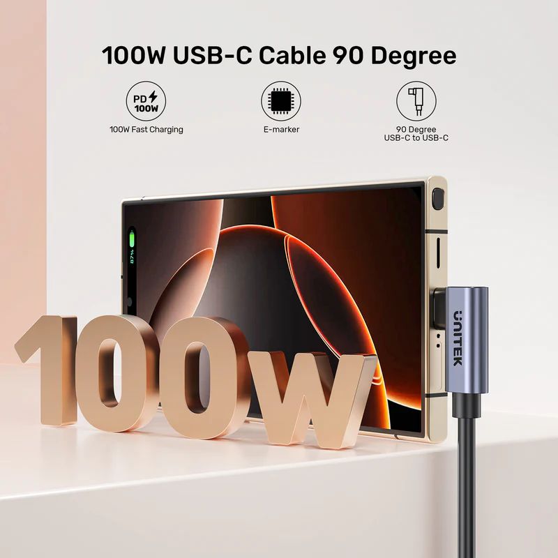 Unitek PD 100W USB-C Cable Dual 90 Degree 0,5m Black
