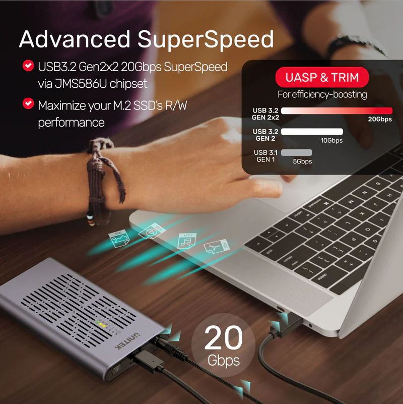 Unitek SolidForce USB-C to PCIe/NVMe M.2 SSD 20Gbps Dual Bay Enclosure with Offline Clone Space Grey