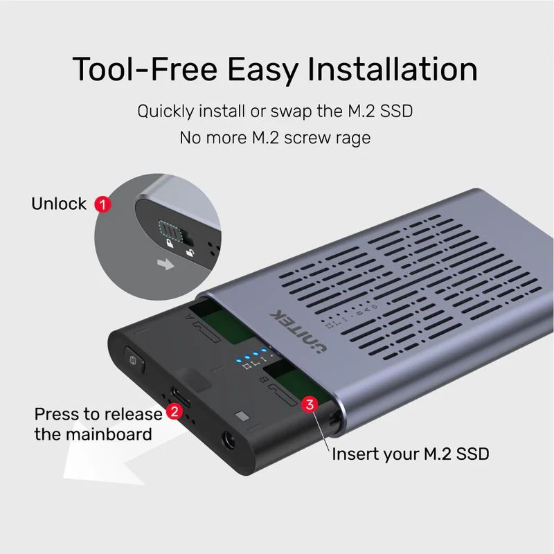 Unitek SolidForce USB-C to PCIe/NVMe M.2 SSD 20Gbps Dual Bay Enclosure with Offline Clone Space Grey