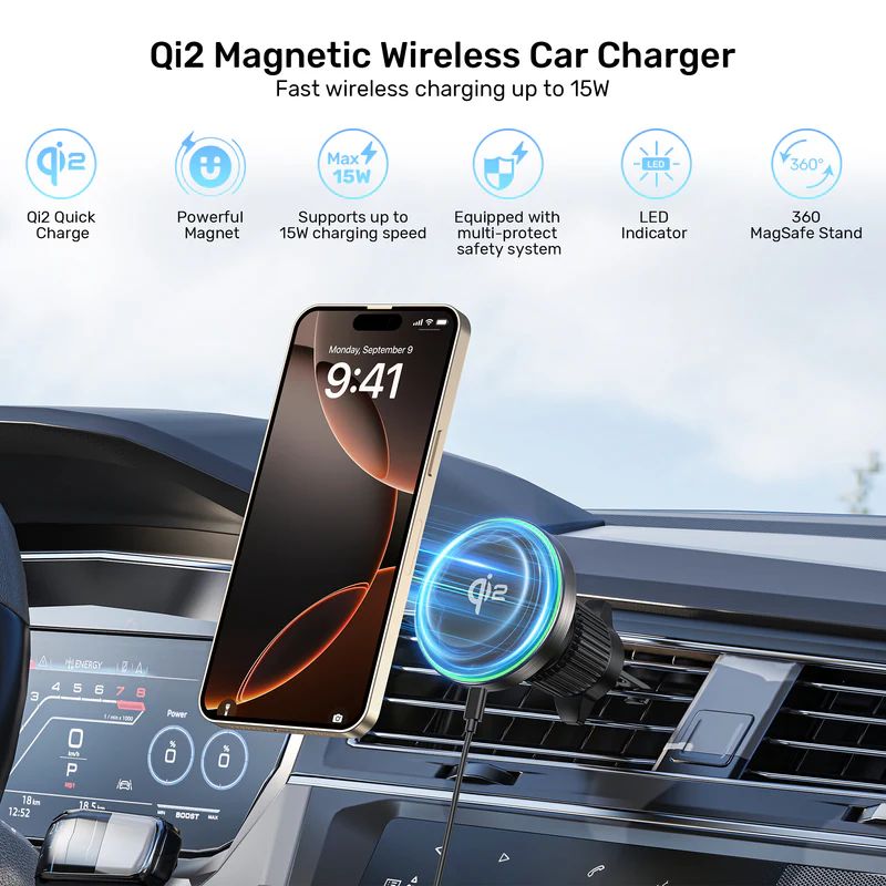 Unitek Qi2 Magnetic Wireless Car Charger Black