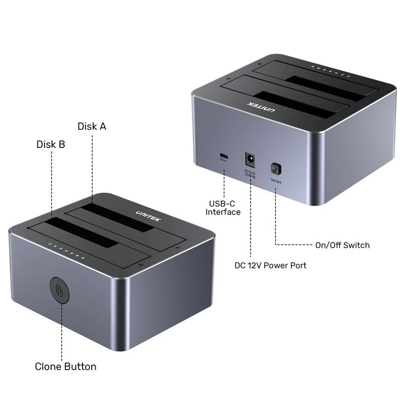 Unitek Y-3027GY01-EU 10Gbps Dual-Bay SATA Docking Station Space Grey