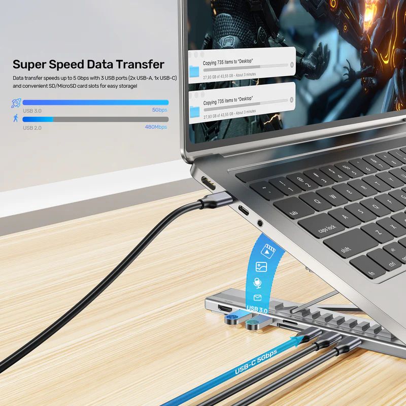 Unitek USB-C Foldable Laptop Stand with Docking Station Silver