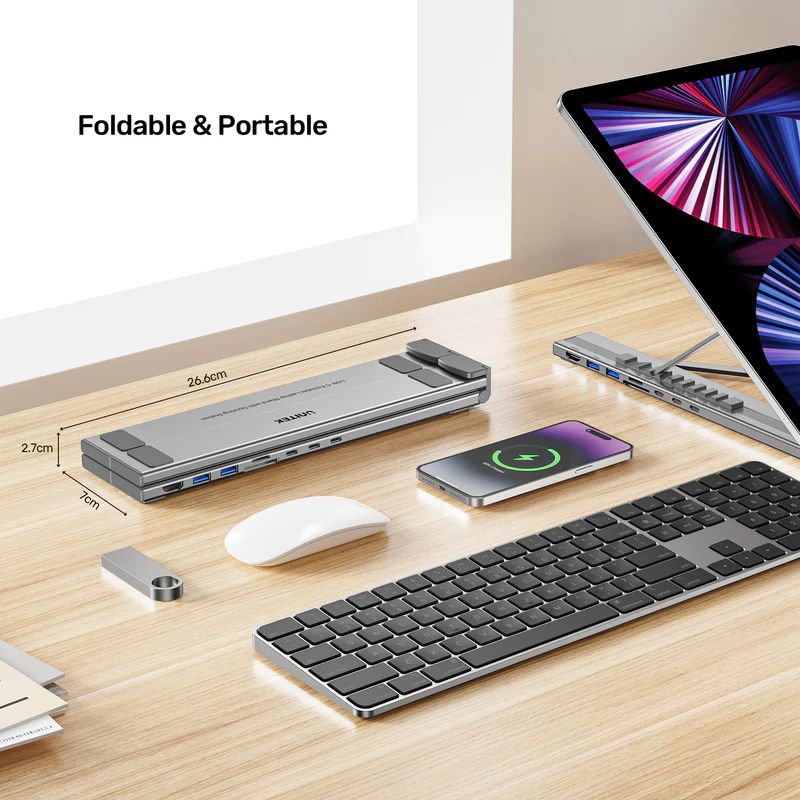 Unitek USB-C Foldable Laptop Stand with Docking Station Silver