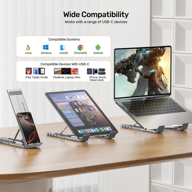 Unitek USB-C Foldable Laptop Stand with Docking Station Silver